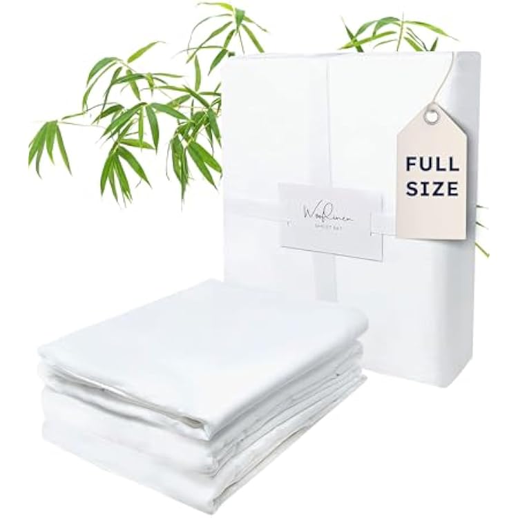 Wooflinen 100% Viscose Derived from Bamboo Sheets Set Silky Soft Like Silk Bed Sheets Matte White Bed Cover with Pillowcases Cooling, Thick, Durable Full, 4 Pc Set