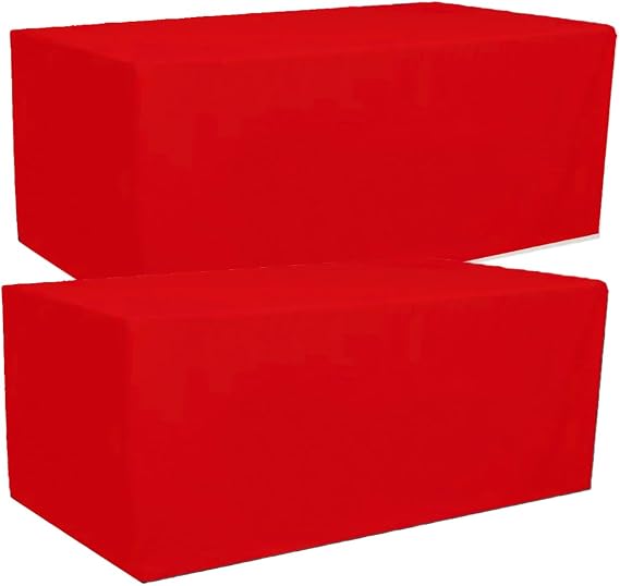 2 Pack Red 8ft Polyester Fitted Tablecloth Rectangular Table Cover 96Lx30Wx30H Inch Wedding Banquet Party