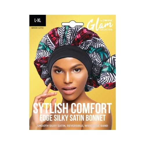 DONNA Stylish Edge Silky Satin Bonnet for Sleeping, Shower Cap for Women Large Hair Bonnets for Sleeping Black Curly Women L-XL AZTEC