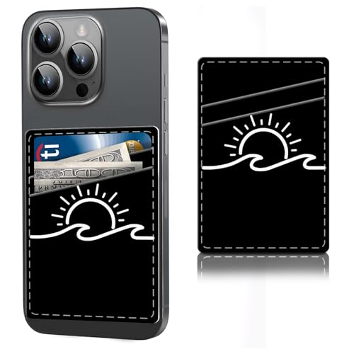 Phone Card Holder, Cute Leather Stick On Adhesive Wallet For Back Of Phone, Credit Cards, ID Card Holder For Phone Case Compatible With Most Phone Sun and Wave