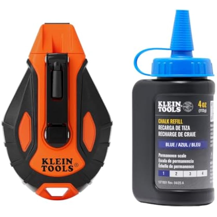 KLEIN TOOLS CHLK100S Chalk Reel, 100-Foot, 6:1 Gear Ratio, Quick-Release Spool Clutch, Chalk Level Window, Twist-Lock Top, Nested Hook Design, 4-Oz Blue Refill Included