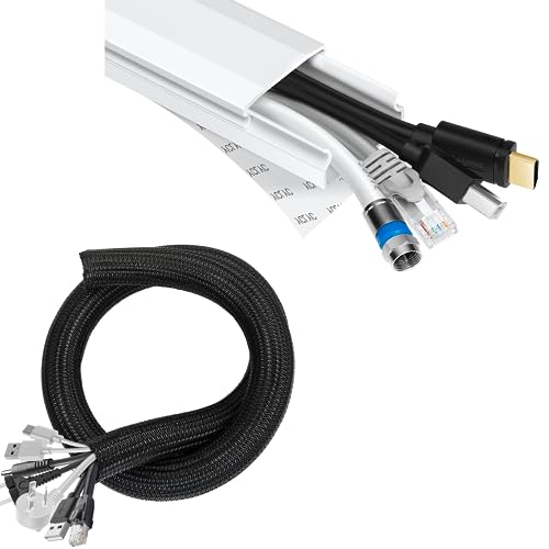 1in - 2 Pack 4.1ft Split Braided Cable Sleeve Black & TV Cable Hider - 62.8in PVC Cord Hider Cable Management Wall, Paintable Cable Concealer for Wall Mounted TV