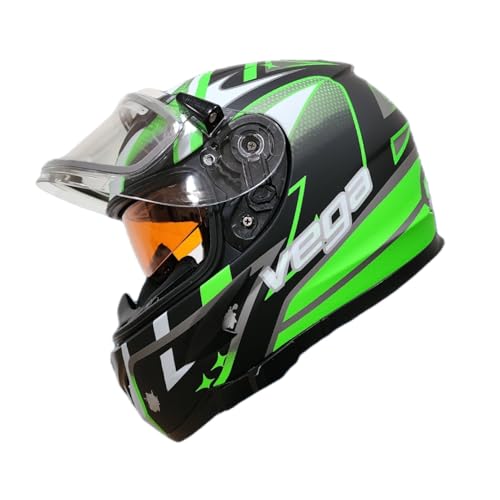 Vega V-Star Snowmobile Helmet with Electric Heated Shield & Amber dropdown shield, Green Evoluition, Medium