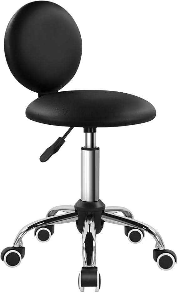 FURWOO Round Rolling Stool with Back PU Leather Swivel Work Stool on Wheels Beauty Chair with Wheels for Barbershop (Black)