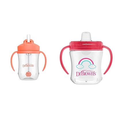 Dr. Brown’s Milestones Baby’s First Straw Cup, Training Cup with Weighted Straw, Coral, 6m& Transition Sippy Cup with Soft Spout - Pink - 6oz - 6m