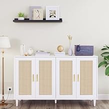 Buffet Sideboard,Kitchen Storage Cabinet with 4 Rattan Decorated Doors,Coffee Bar Cabinet with Adjustable Shelves for Living Room,Hallway,White