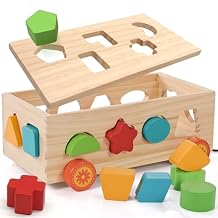 Shape Sorter - Montessori Wooden Learning Shapes Toy with 17 Shape Blocks - Early Education and Sensory Development Storage Pull Car for Toddlers, SSC03