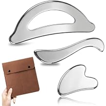 Rena Chris Gua Sha & Muscle Scraper Tool, Stainless Steel Body & Face Gua Sha Set for Deep Tissue Massage & Lymphatic Drainage, Guide & Travel Pouch Included (3-Piece Kit)