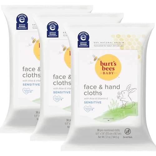 Burts Bees Baby Face & Hand Cloths, Unscented Cleansing Wipes for Sensitive Skin - 30 Wipes, Pack of 3