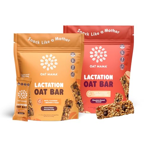 Oat Mama Lactation Bars Variety Pack | Peanut Butter Chocolate Chip & Chocolate Almond Coconut | Essential Breastfeeding Snacks with Oats, Flaxseed & Brewers Yeast | Milkflow Lactation Support