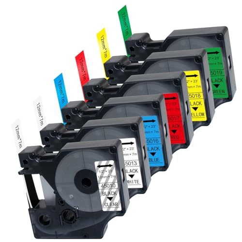 6 Color D1 Label Maker Refills Compatible with Dymo D1 Label Tape 12 x 23 45010 45013 45016 45017 45018 45019 for Dymo LabelManager 160 280 PnP 360D 420P 500TS 450DUO