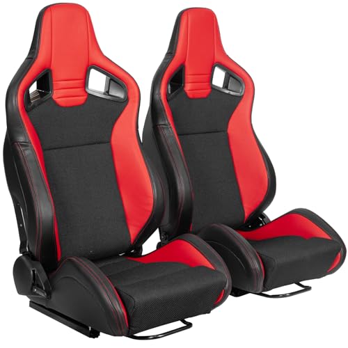 Universal Pair Of Racing Seats V2 Series Red PVC Leather Black Mesh Shiny Fabric Center Sport Reclinable Bucket Seats For Cars With Double SliderNot Including Seat Bracket