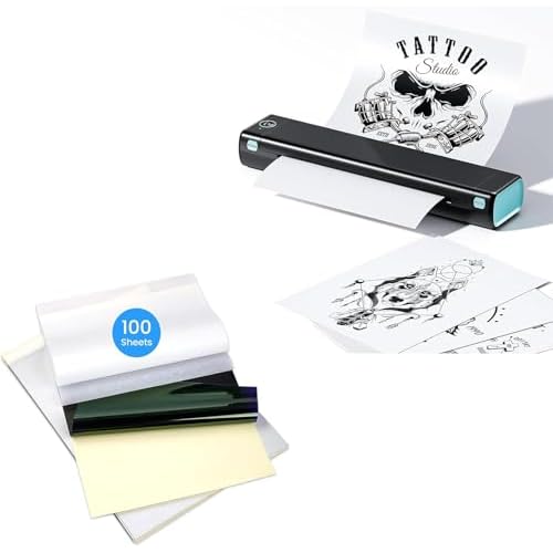 Phomemo M08F Wireless Tattoo Stencil Printer & Tattoo Transfer Paper - 100 Sheets A4 Size, Bluetooth Wireless Inkless Thermal Printers for Travel & Tattoo Supplies