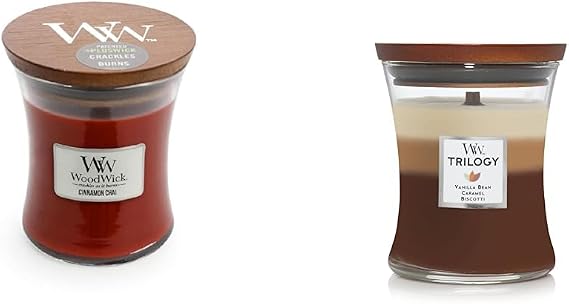 WoodWick Medium Hourglass Candle, Cinnamon Chai - Premium Soy Blend Wax, Pluswick Innovation Wood Wick, Made in USA & Medium Hourglass Candle, Cafe Sweets - Premium Soy Blend Wax