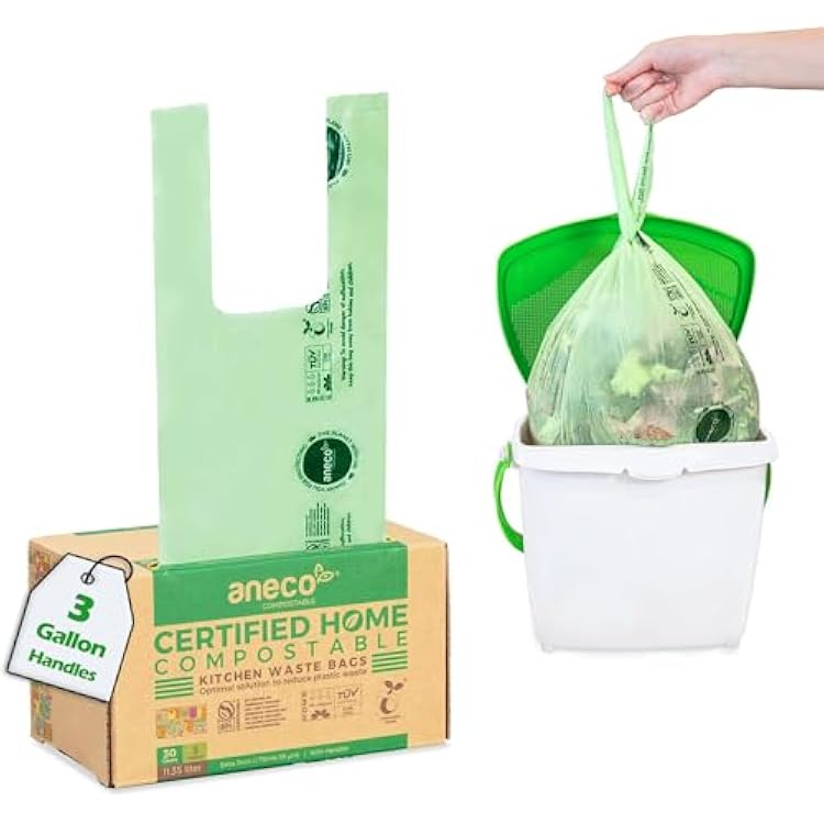 ANECO Compostable Food Waste Bags 3 Gallon With Handles 30 Count, Extra Strong Compost Bags for Kitchen Countertop Bin - BPI & OK Compost HOME Certified Small Garbage Bags With Handles
