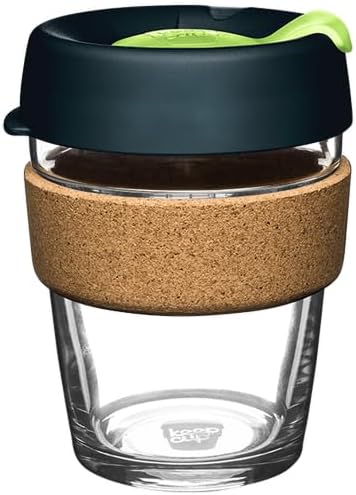 KeepCup Brew Cork, Reusable Tempered Glass Coffee Cup with Recovered Cork Band and Splashproof Lid, Barista Standard, BPA Free, Dishwasher Safe, 340ml 12oz Deep