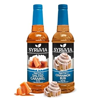 Syruvia Sugar Free Salted Caramel Syrup & Sugar Free Cinnamon Bun Syrup - 25.4 fl oz. Premium Coffee Flavoring Syrup. 0 Calories, Kosher & Gluten Free. Perfect for Drinks, Shakes, Desserts & More.