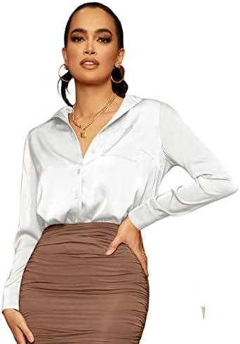 Floerns Womens Satin Long Sleeve Button Up Blouse Work Office Silky Shirts Tops