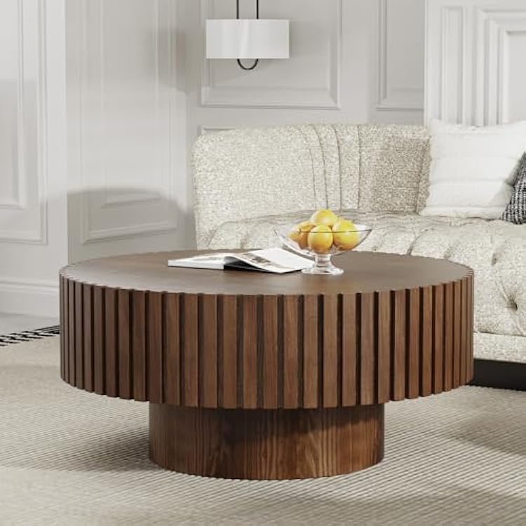 Round Fluted Coffee Table Mid Century Modern Drum Coffee Tables Handcrafted Circle Drum Center Table for Living Room, Small Space, Apartment Brown