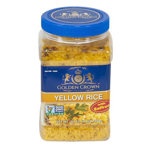 Golden Crown Saffron Yellow Rice - 32 oz 2LB | Naturally Aged Halal  Long Aromatic | Tasty and Delicious Flavorful | Long-Grain Stovetop or Microwave Rice