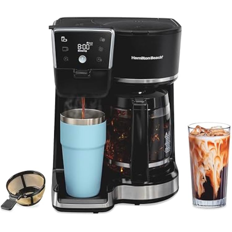 Hamilton Beach 2-Way 12 Cup Programmable Drip Hot and Iced Coffee Maker & Single Serve Coffee Machine, AquaFlow Showerhead, Glass Carafe, Auto Pause and Pour, Black 47500J
