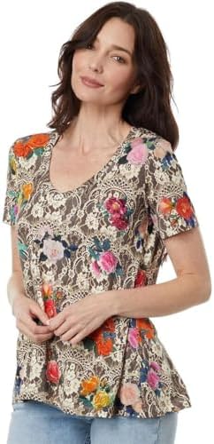 Johnny Was Rose Lace Favorite Short Sleeve V-Neck Swing Tee