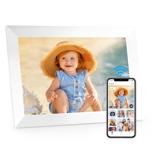 WiFi Digital Picture Frame, 10.1 Inch Digital Photo Frame with1280x800 IPS LCD Touch Screen, 32GB Storage, Auto-Rotate Photo Frame Electronic Share Your Photos and Videos via AiMOR App, White