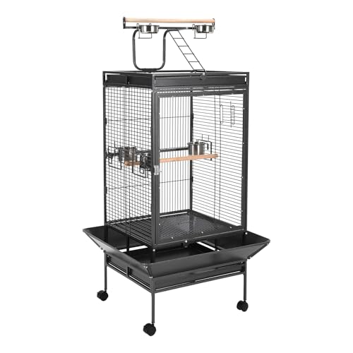 68 Playtop Parrot Cage with Rolling Stand, Wrought Iron Bird Cage for Cockatiel, Parakeet, Finch - Heavy-Duty Decorative Black Bird House