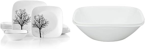 Corelle Vitrelle 18-Piece Service for 6 Dinnerware Set, Timber Shadows & Vitrelle 1-Qt Serving Bowl 2-Pack, Large Serving Bowl, Triple Layer Glass, White