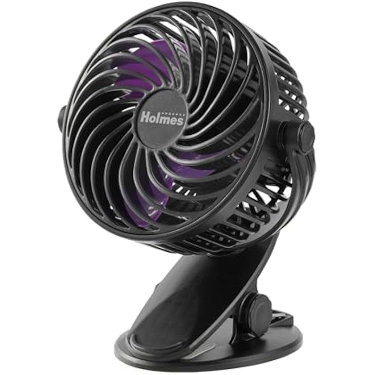 Holmes 4 On-The-Go Personal Fan with Clip 3 Speeds, 360 Rotation, Rechargeable Battery, USB-C Charging, Compact, Black with Purple Blades, Ideal for Desks & Personal Spaces