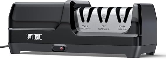 Yatoshi Electric Sharpener, 50-Watt, Diamond Abrasives and Precision Angle Guides, 20-Degree Straight-Edge and Serrated Knives, 3 Stage