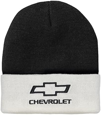 Tee Luv Chevrolet Bowtie Beanie - Chevy Car Logo Knit Cap (White and Black)