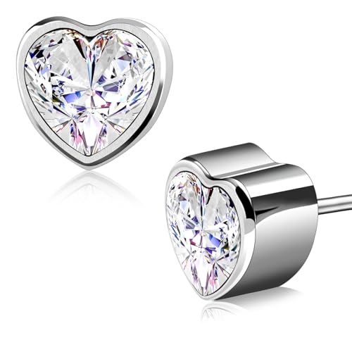 JEROOT Cubic Zirconia Moissanite Earrings Studs For Women, Hypoallergenic Stud Pure Titanium Earrings Studs Dainty Geometrical Triangle Heart Earrings For Womens Gift