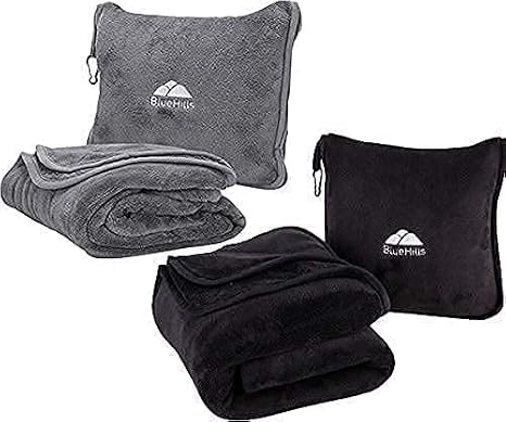 BlueHills Premium Soft Travel Blanket Pillow Value Pack Set of 2 - Airplane Flight Blanket Throw in Soft Bag with Luggage Belt Compact Pack Large Blanket for Travel Grey and Black Color