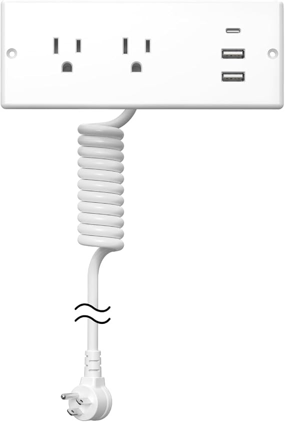 Furniture Drawer Outlet, IPX6 Recessed Power Strip Waterproof | with (3) PD 20W USB Ports Fast Charging & (2) 15 Amp AC Outlets, (16 AWG) 6 FT White Spring Cord