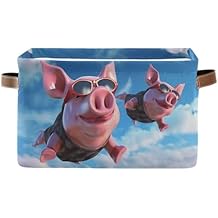Funny Pigs Flying Storage Organizer Bin with Handles, Large Foldable Canvas Fabric Storage Basket for Closet Shelf, Bedroom Home Decor