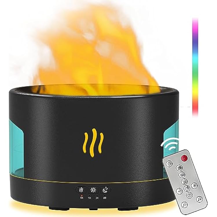4-in-1 Colorful Flame Aroma Essential Oil Diffuser, 450ML Air Humidifier for Large Room, Bluetooth Speaker, White Noise Machine with Dimmable Night Light, Remote Control, Timer & Waterless Auto-Off
