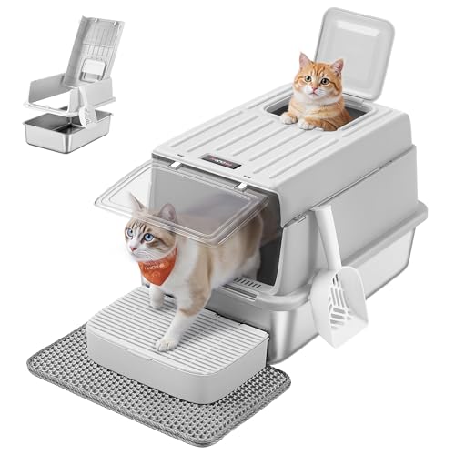 Feandrea Stainless Steel Cat Litter Box with Flip Lid, Litter Catcher Mat and Box, 2 Doors, Scoop, for Cats up to 33 lb, Light Gray UPPT007GD01
