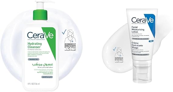 CeraVe PM Facial Moisturising Lotion, 52 ml / 1.75 oz, Daily Facial Moisturiser with Niacinamide for Normal to Dry Skin & Hydrating Cleanser | 236ml/8oz | Daily Face & Body Wash for Normal to Dry Skin