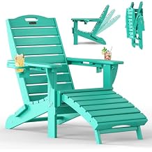 Folding Adirondack Chair with Retractable Ottoman, Weather Resistant Fire Pit Chair Patio Chair with 2 Cup Holder Lawn Outdoor Lounge Chair (Lake Blue)