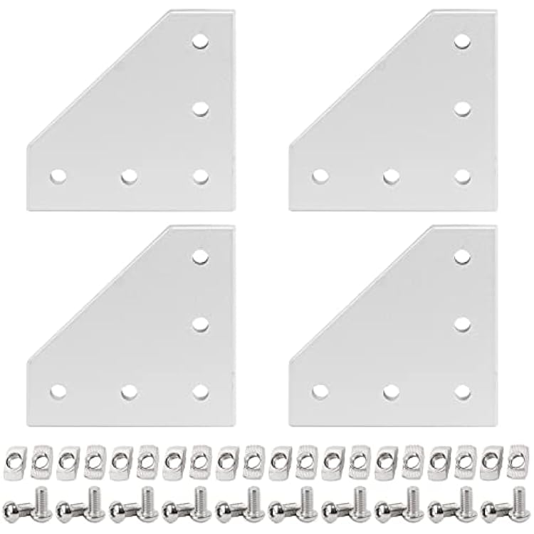 4pcs 3030 Series Corner Bracket Plate Anodised L Shape 5 Hole 90 Degree Outside Joining Plate with 20pcs M6 T Nuts  20pcs M6 Screws  1pcs Wrench