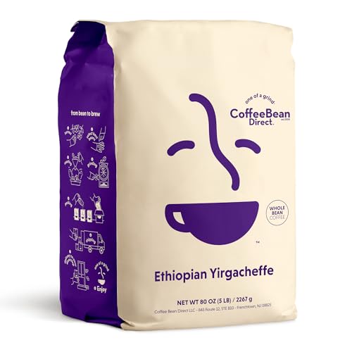 Coffee Bean Direct Ethiopian Yirgacheffe, Whole Bean Coffee, Arabica Coffee, Light Roast, 5 Pound Bag Pack of 1