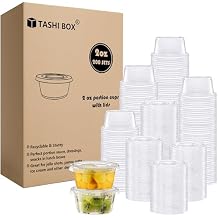 TashiBox Plastic Portion Cups with Lids [2 Ounce, 200 Sets] Disposable Plastic Cups for Meal Prep, Salad Dressing, Jellos Shot Cups, Souffle Cups, Condiment & Dipping Sauce Cups