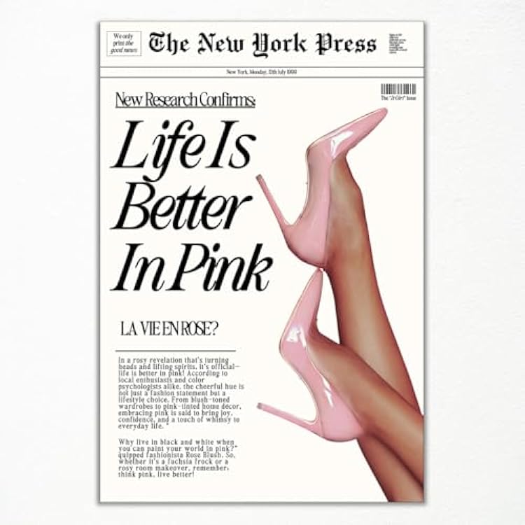 Retro Newspapaer Canvas Wall Art, Funny Life Is Better In Pink Quote Poster, Funky Pink High Heel Picture Girls Bedroom Wall Decor, Trendy News Headline Girly Dorm Apartment Art 12x16in Unframed