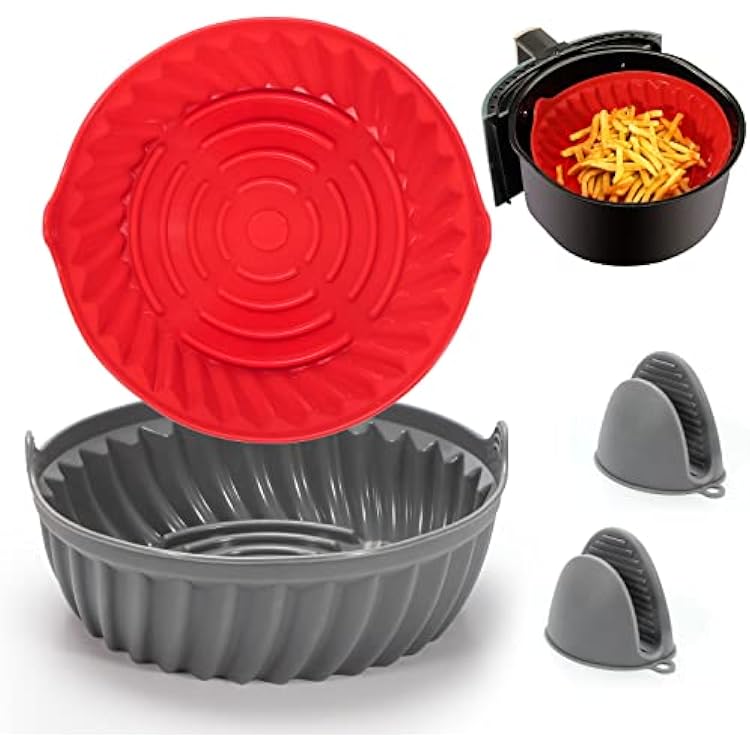 2-Pack Silicone Air Fryer Liners 7.5inch, Reusable Round Heat Resistant Easy Cleaning Air fryers Silicone Basket with Gloves for 3 to 5 Qt Air Fryer RedGrey