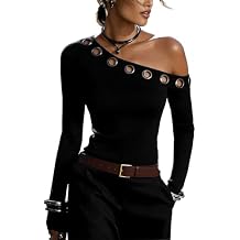 stylewe Womens Off Shoulder Tops Long Sleeve Shirts Slim Fit Sexy Asymmetrical Tops