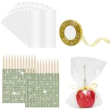 Candy Apple Sticks, 24P Bling Sticks with 30p Candy Bags & 1 Roll 25yd Glitter Ribbon, Caramel Apple Wooden Bling Pointed Skewers for DIY Kits