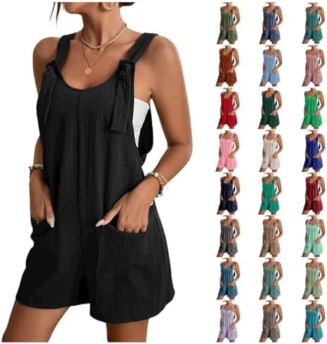 BOXIACEY Summer Overalls for Women 2025 Sleeveless Adjustable Knot Straps Shorts Overall Beach Romper with Pockets