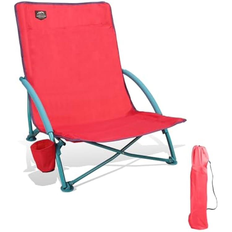Low Beach Chair,Folding Recliner Camping Chair for Adults,Lightweight Backpacking Low Seat Camping Chairs with Cup Holder, Carry Bag for Outdoor Camp Lawn Picnic Festival,Pink