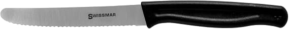 Swissmar Utility/Tomato Knife 4.3" German Stainless Steel Blade Swiss Made One-Piece Design Black Polypropylene Handle Precision Cutting Safety Sleeve Included Kitchen Prep Knife